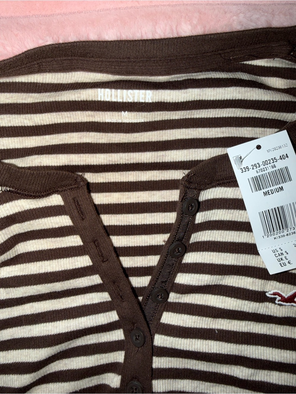Hollister Brown and Cream Striped V-Neck Button-Front Sweater